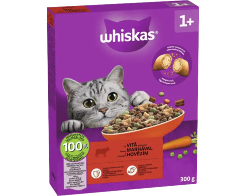 Hrană uscată Whiskas pentru pisici de peste 1 an cu vită, 300 grame, susține sănătatea dentară și digestia, conține pernuțe umplute și legume.