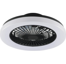 Ventilator de tavan modern cu iluminare LED și grilă de protecție neagră.