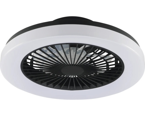 Ventilator de tavan modern cu iluminare LED și grilă de protecție neagră.