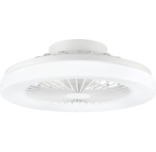 Ventilator de tavan alb cu iluminare LED integrată, carcasă compactă cu grilaj de protecție pentru interior.