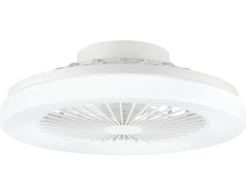 Ventilator de tavan alb cu iluminare LED integrată, carcasă compactă cu grilaj de protecție pentru interior.