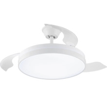 Ventilator de tavan alb modern cu iluminare integrată și palete retractabile.