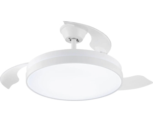 Ventilator de tavan alb modern cu iluminare integrată și palete retractabile.