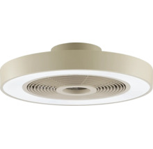Ventilator de tavan modern cu inel luminos LED integrat și carcasă rotundă.