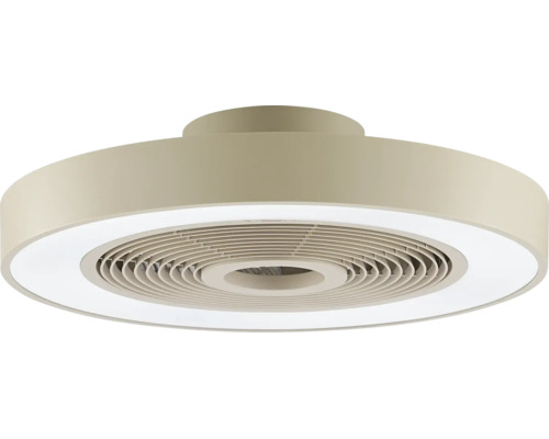 Ventilator de tavan modern cu inel luminos LED integrat și carcasă rotundă.