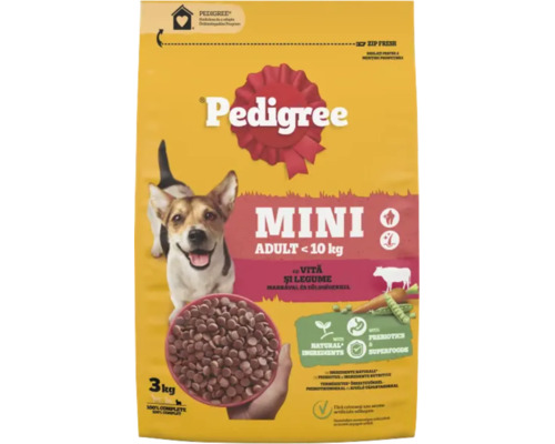 Hrană uscată pentru câini Pedigree Mini Adult cu vită și legume pentru câini de talie mică sub 10 kilograme, sac de 3 kilograme.