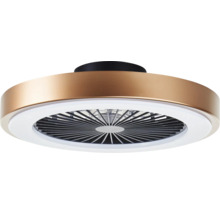 Ventilator de tavan rotund modern cu aspect de bronz, inel luminos cu LED integrat și grilaj de protecție.