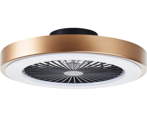 Ventilator de tavan rotund modern cu aspect de bronz, inel luminos cu LED integrat și grilaj de protecție.
