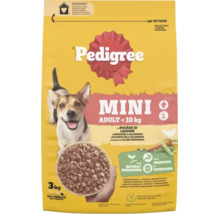 Pedigree Mini Adult pentru câini sub 10 kilograme, pasăre și legume, pungă de 3 kilograme cu închidere zip.
