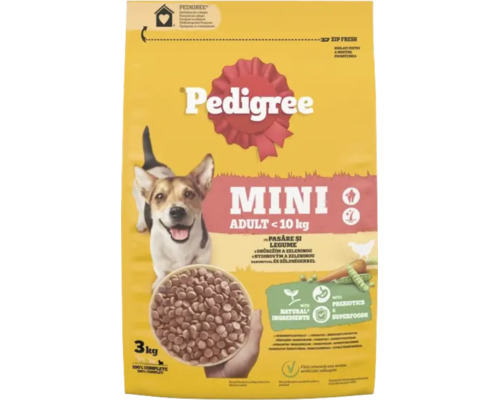 Pedigree Mini Adult pentru câini sub 10 kilograme, pasăre și legume, pungă de 3 kilograme cu închidere zip.