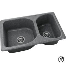 Chiuvetă încorporabilă din compozit de granit cu o cuvă mare și una mică și ventile cu sită. (Image AI modified or generated)