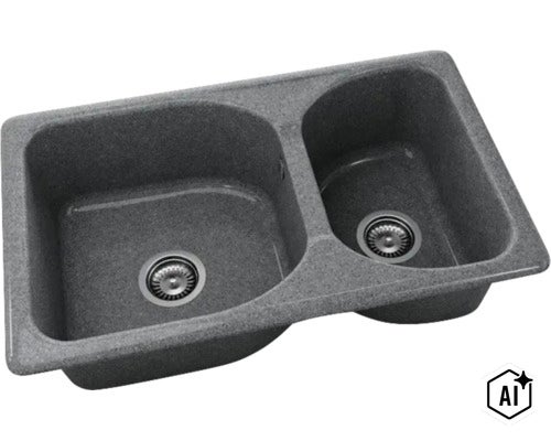 Chiuvetă încorporabilă din compozit de granit cu o cuvă mare și una mică și ventile cu sită. (Image AI modified or generated)