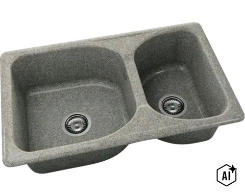 Chiuvetă încorporabilă dublă din compozit gri cu aspect de granit, cu o cuvă principală, o cuvă secundară și ventile cu sită. (Image AI modified or generated)