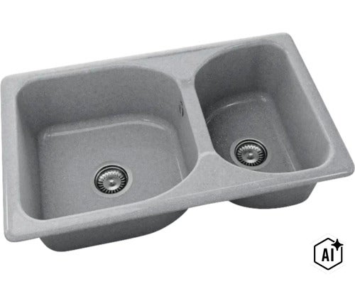 Chiuvetă dublă din compozit gri cu o cuvă mare și una mică, include ventile cu sită. (Image AI modified or generated)