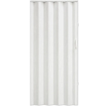 Ușă pliantă albă din plastic cu lamele verticale și mâner pentru interior.