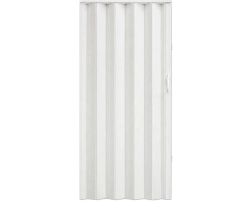 Ușă pliantă albă din plastic cu lamele verticale și mâner pentru interior.