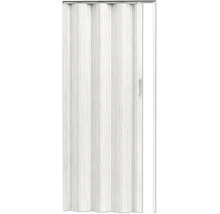 Ușă pliantă albă din plastic cu aspect de lemn și mâner.