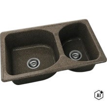 Chiuvetă încorporabilă cu două cuve din compozit de granit cu ventile cu sită. (Image AI modified or generated)