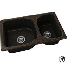 Chiuvetă dublă din compozit de cuarț, aspect pătat închis, cu o cuvă mare și una mică. (Image AI modified or generated)