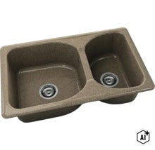 Chiuvetă dublă din material compozit cu două cuve de dimensiuni diferite și ventil cu sită. (Image AI modified or generated)