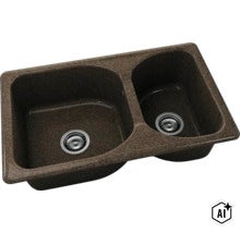 Chiuvetă dublă din compozit de granit închis la culoare cu două cuve și ventile cu sită din oțel inoxidabil. (Image AI modified or generated)