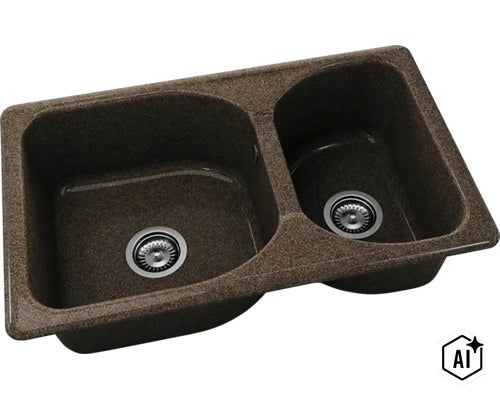 Chiuvetă dublă din compozit de granit închis la culoare cu două cuve și ventile cu sită din oțel inoxidabil. (Image AI modified or generated)