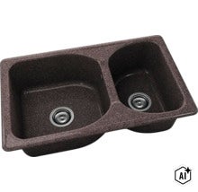 Chiuvetă încorporabilă maro închis din compozit de granit cu o cuvă și jumătate și ventil tip sită. (Image AI modified or generated)