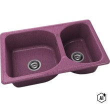 Chiuvetă de bucătărie mov încorporabilă din compozit de granit cu două cuve și ventile cu sită. (Image AI modified or generated)
