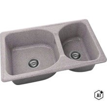 Chiuvetă dublă gri din compozit de granit cu o cuvă mare și una mică și ventile cu sită. (Image AI modified or generated)
