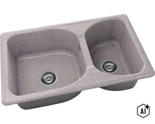 Chiuvetă dublă gri din compozit de granit cu o cuvă mare și una mică și ventile cu sită. (Image AI modified or generated)