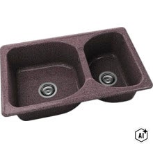 Chiuvetă încorporabilă de culoare închisă, cu aspect punctat, din material compozit, cu două cuve și site de scurgere. (Image AI modified or generated)