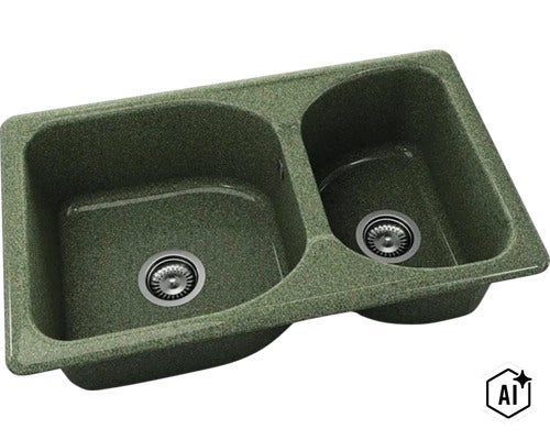 Chiuvetă de bucătărie verde cu două cuve din compozit de granit cu site de scurgere. (Image AI modified or generated)