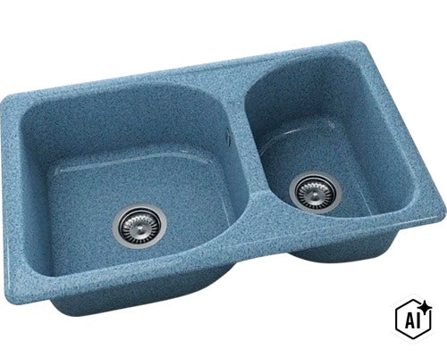 Chiuvetă dublă din material compozit cu două cuve de dimensiuni diferite și ventile cu sită. (Image AI modified or generated)