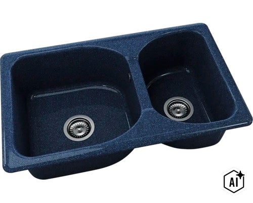 Chiuvetă de bucătărie cu două cuve din material compozit cu finisaj punctat și două site de scurgere. (Image AI modified or generated)