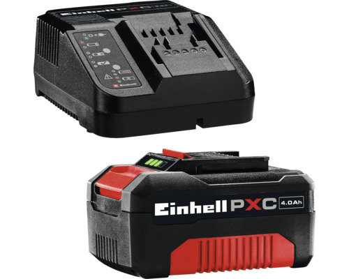 Set de pornire cu acumulator Einhell Power X-Change format dintr-un acumulator de 4,0 Amper-ore și un încărcător pentru unelte electrice.