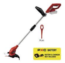 Trimmer de gazon Einhell cu acumulator, mâner telescopic, mâner suplimentar și 20 lame de rezervă. Acumulatorul și încărcătorul nu sunt incluse.