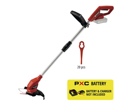 Trimmer de gazon Einhell cu acumulator, mâner telescopic, mâner suplimentar și 20 lame de rezervă. Acumulatorul și încărcătorul nu sunt incluse.