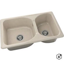 Chiuvetă de bucătărie bej cu două cuve din material compozit, inclusiv ventile tip sită. (Image AI modified or generated)