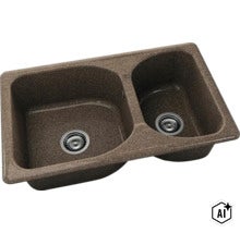 Chiuvetă încorporabilă maro închis din compozit de granit cu două cuve de dimensiuni diferite și ventile cu sită. (Image AI modified or generated)