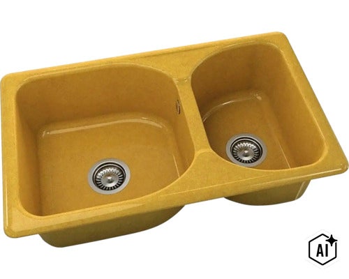 Chiuvetă încorporabilă din compozit de granit cu două cuve de dimensiuni diferite și două site de scurgere, galbenă. (Image AI modified or generated)