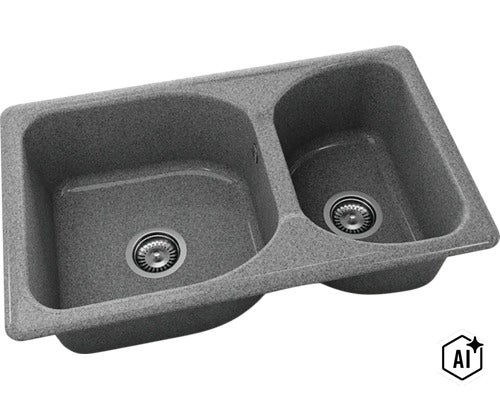Chiuvetă încorporabilă din compozit de granit cu două cuve de dimensiuni diferite și două ventile cu sită. (Image AI modified or generated)
