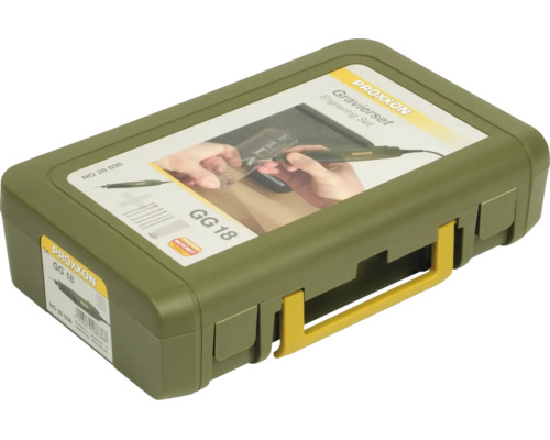 Set de gravură Proxxon GG 18 în valiză din plastic verde cu mâner galben.