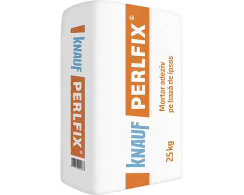 Adeziv pe bază de ipsos Knauf Perlfix la sac de 25 kilograme pentru fixarea plăcilor de gips carton.