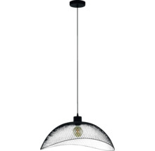 Lustră neagră cu abajur bombat din plasă metalică și bec vizibil.