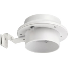Lampă de exterior rotundă albă cu suport de montare integrat și LED vizibil.