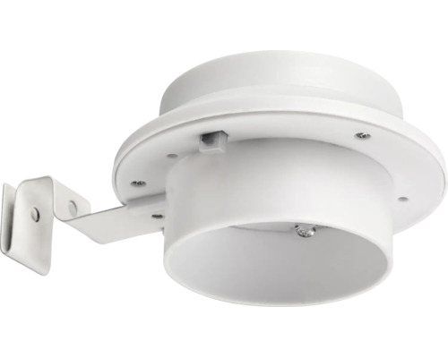 Lampă de exterior rotundă albă cu suport de montare integrat și LED vizibil.