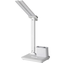 Lampă de birou LED albă cu cap dublu reglabil, suport pentru pixuri integrat și comutator tactil pe bază.
