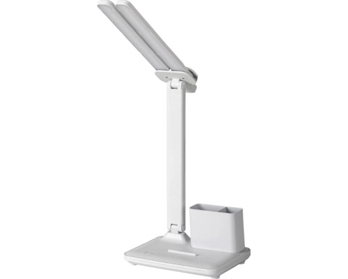 Lampă de birou LED albă cu cap dublu reglabil, suport pentru pixuri integrat și comutator tactil pe bază.