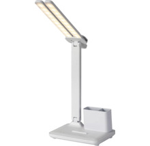 Lampă de birou cu LED albă, cu două capete de iluminat reglabile, suport pentru instrumente de scris și suport pentru smartphone pe bază.