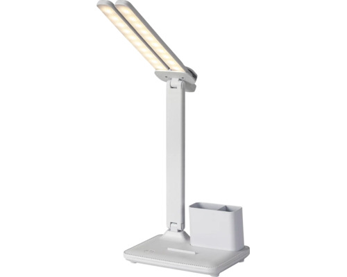 Lampă de birou cu LED albă, cu două capete de iluminat reglabile, suport pentru instrumente de scris și suport pentru smartphone pe bază.